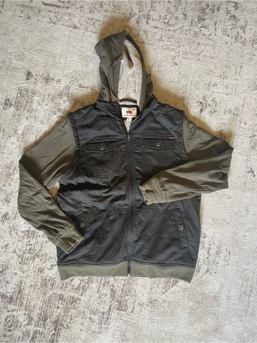 Two-Tone Hooded Utility Jacket - Olive & Charcoal